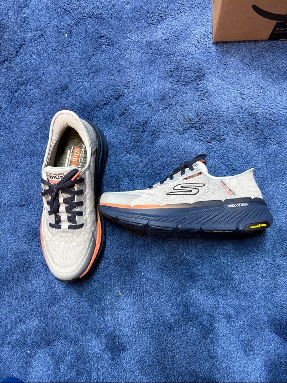 Skechers Neutral Gray and Navy Max-Cushion Running Shoes with Orange Trim